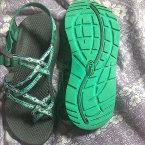 triple strap chacos. teal, purple, white and grey.